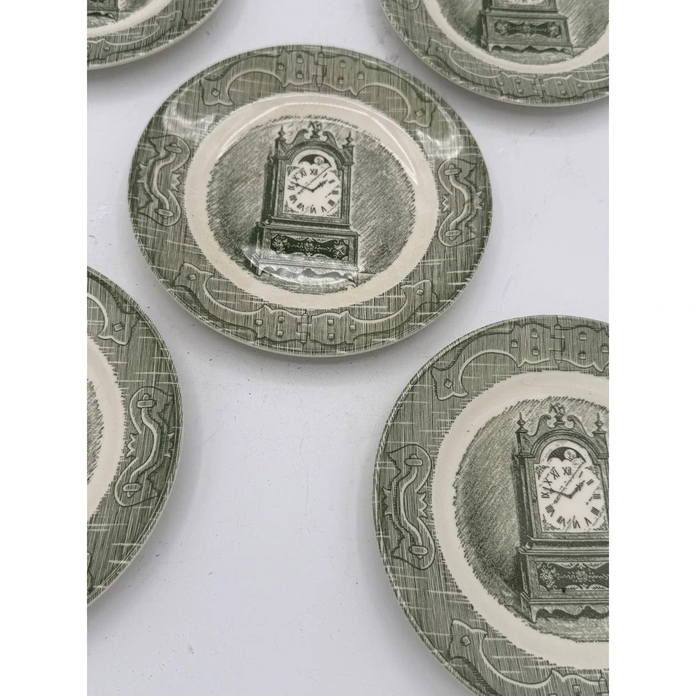 Vintage Royal China The Old Curiosity Shop Green Clock Bread Plates Set of 5
